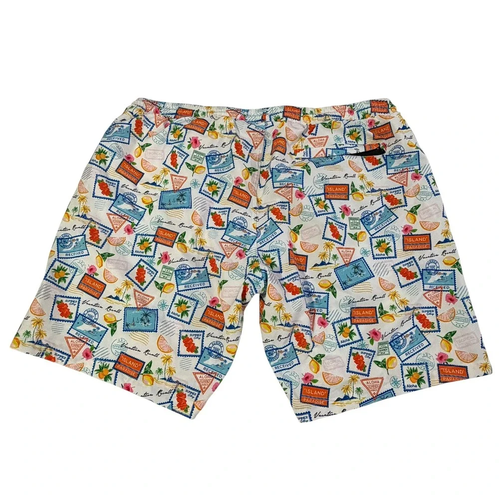 Papi Swim Men XXL White Tropical Postcard Stamp Print Swim Trunks Mesh Lined